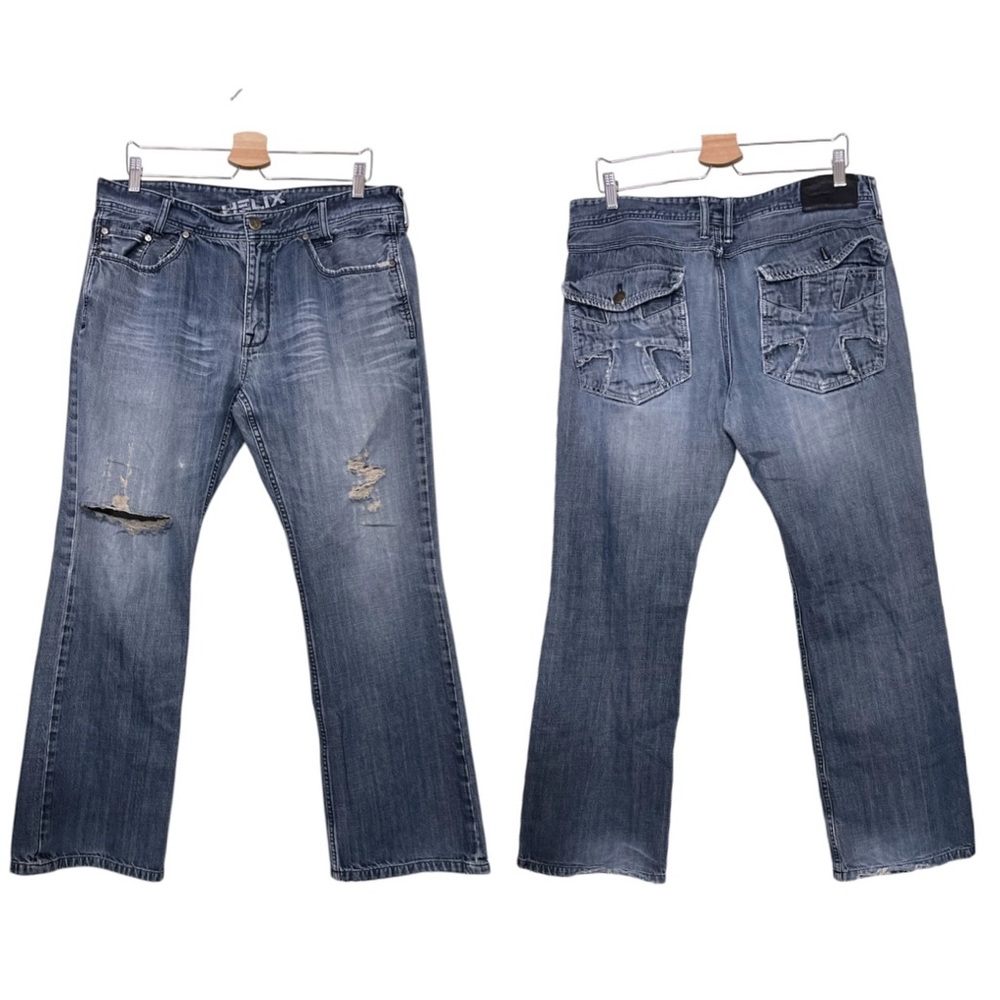 Helix Jeans Men's SLIM BOOT 36/30 Distressed  Damaged Denim Blue